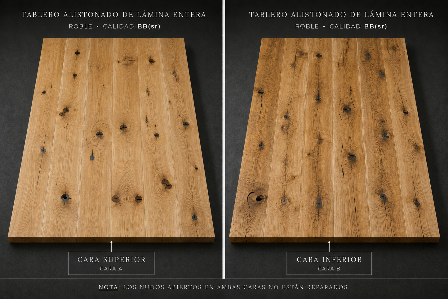 Tablero alistonado de roble europeo macizo de lámina entera, calidad BB(sr)