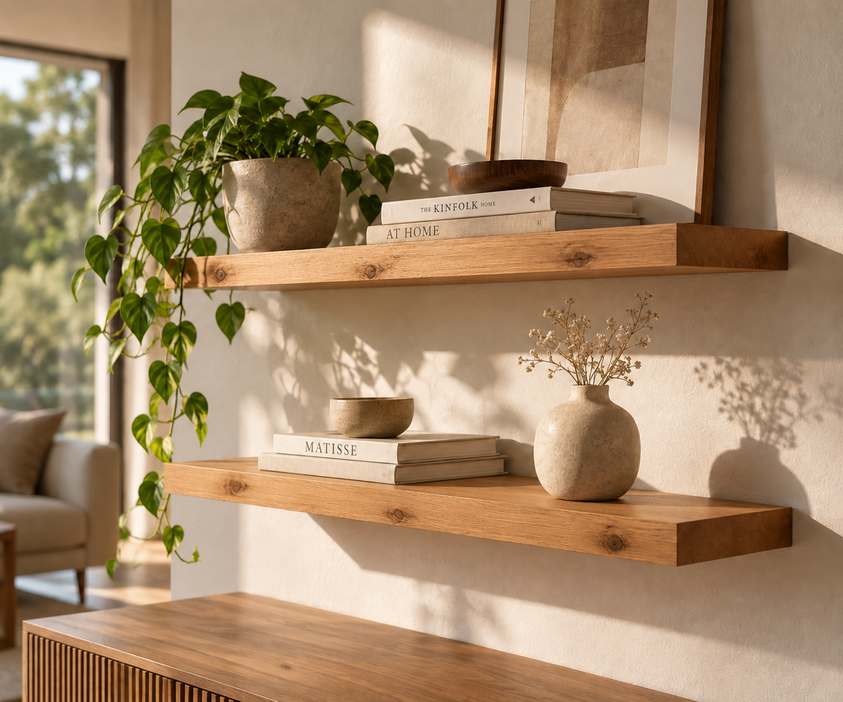 BOUQUET RUSTIC — balda flotante de roble macizo de lámina entera