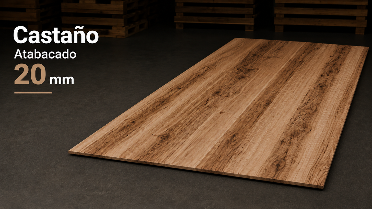 Tablero alistonado de castaño atabacado macizo · Lámina entera · 20 mm