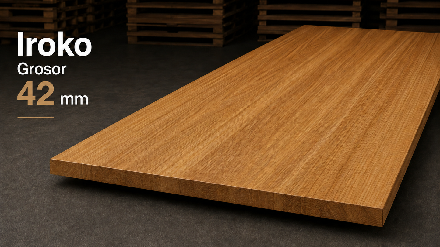 Tablero alistonado de iroko macizo · Lámina entera · 42 mm
