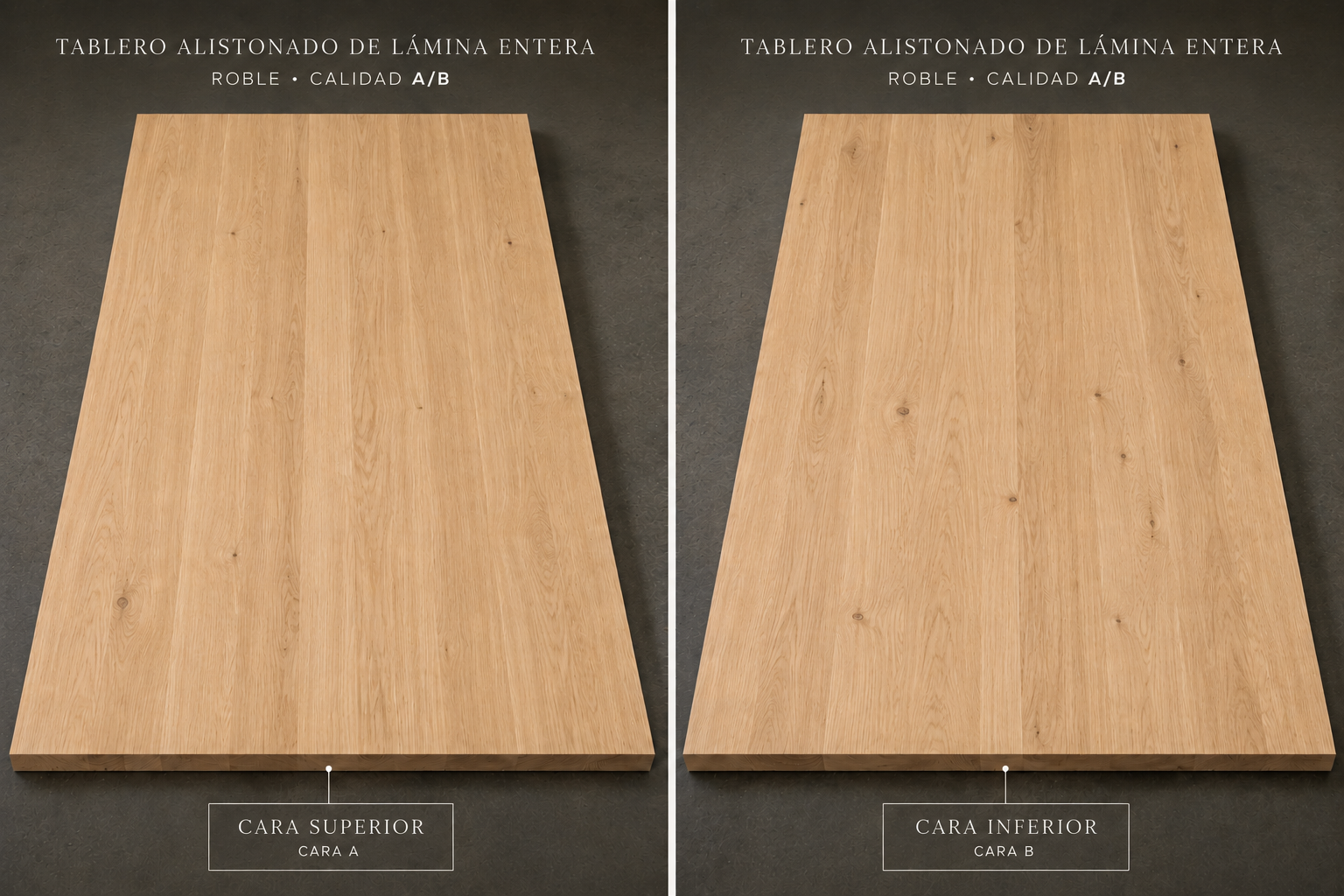 Tablero alistonado de roble europeo macizo de lámina entera, calidad A/B
