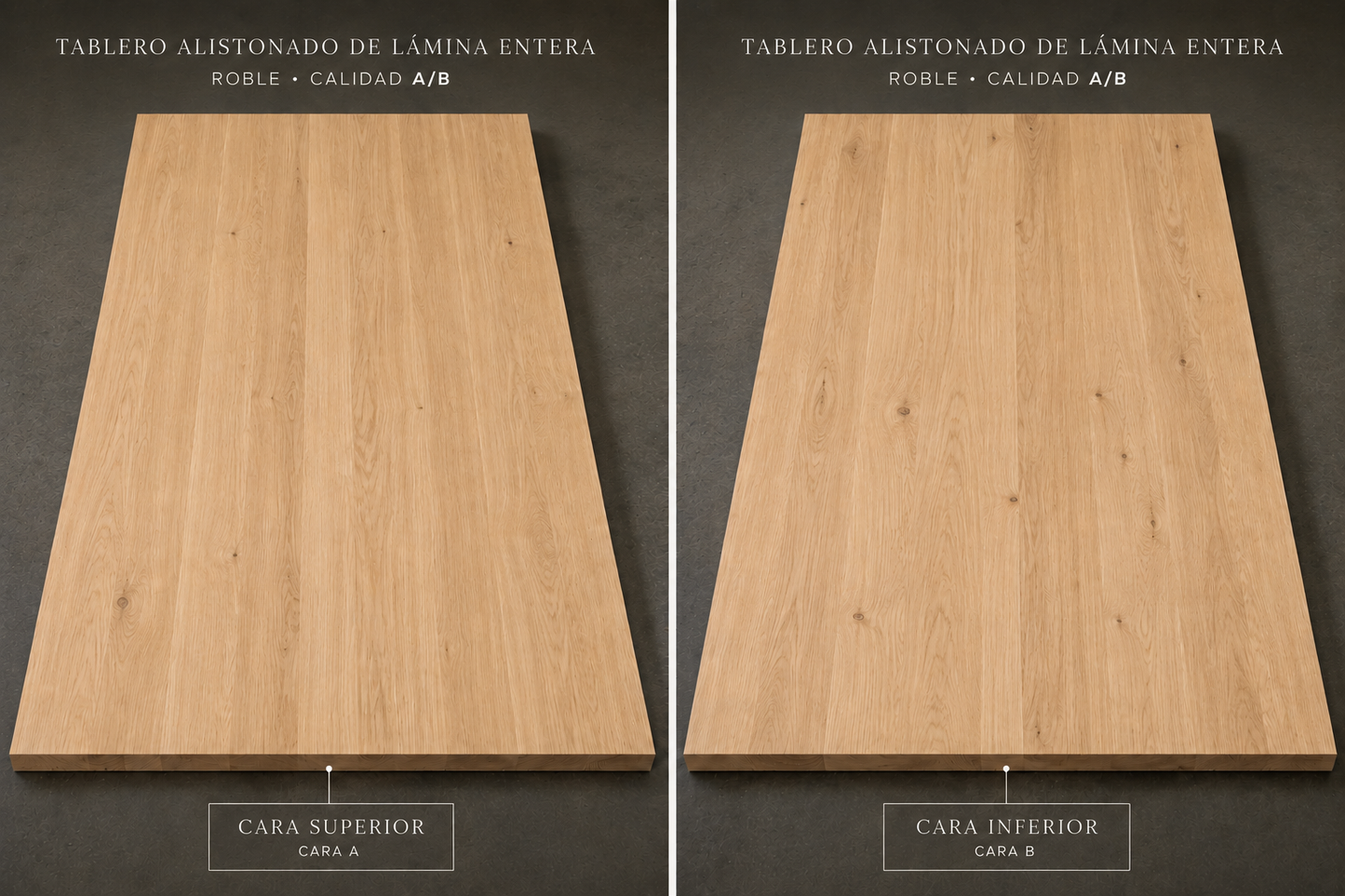 Tablero alistonado de roble europeo macizo de lámina entera, calidad A/B