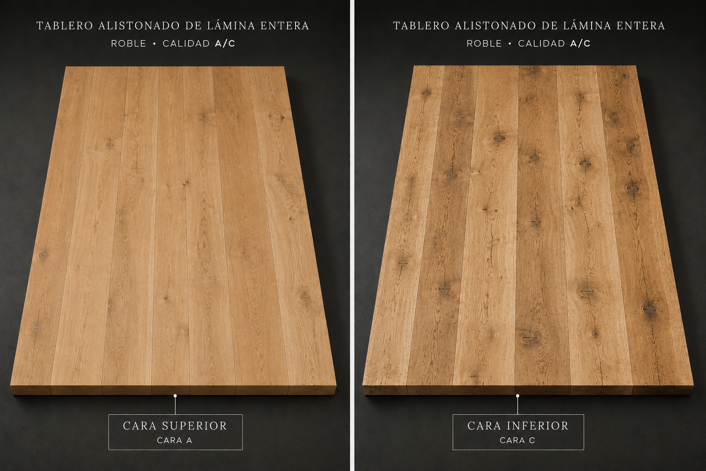Tablero alistonado de roble europeo macizo de lámina entera, calidad A/C
