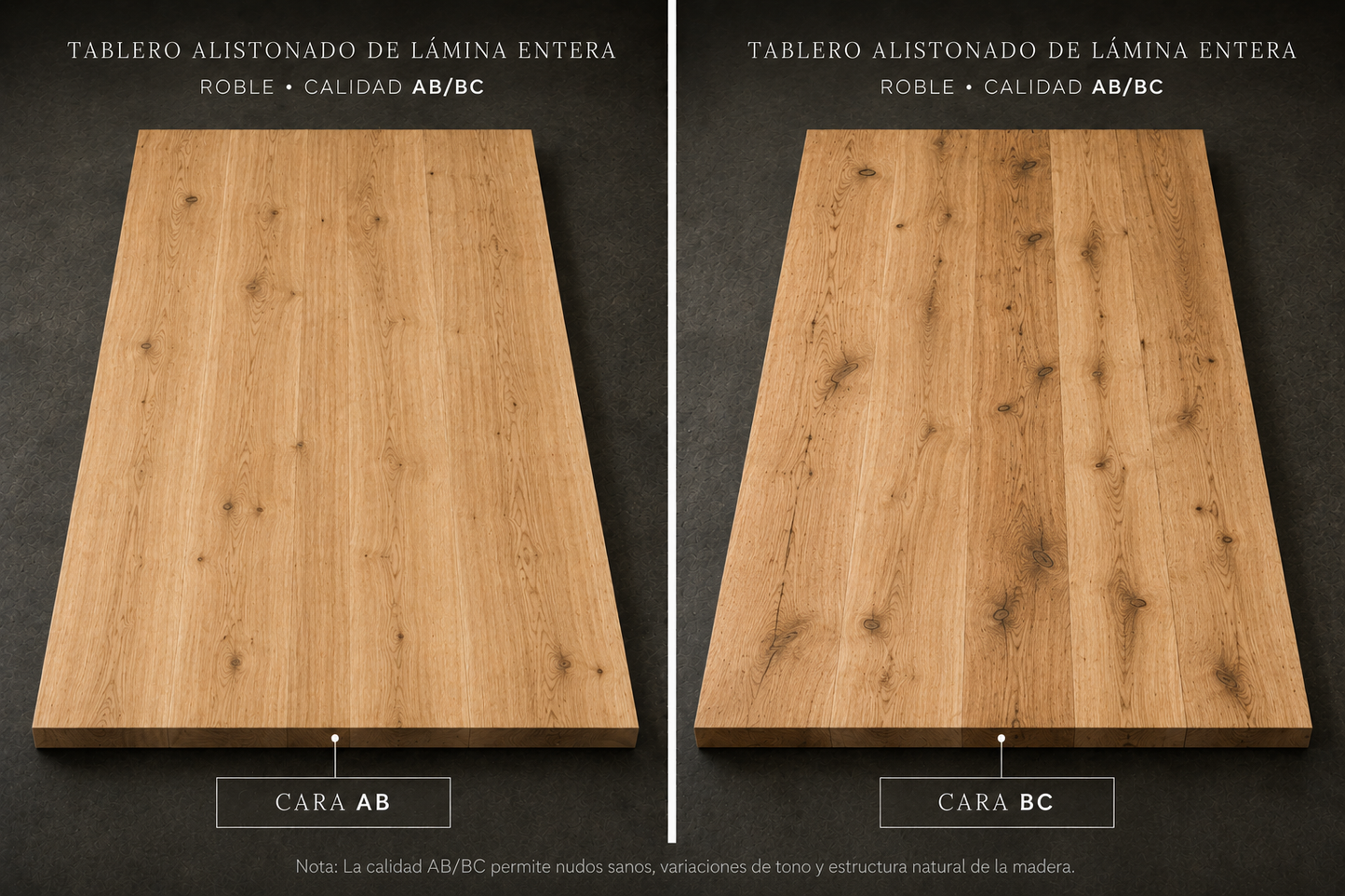 Tablero alistonado de roble europeo macizo de lámina entera, calidad AB/BC