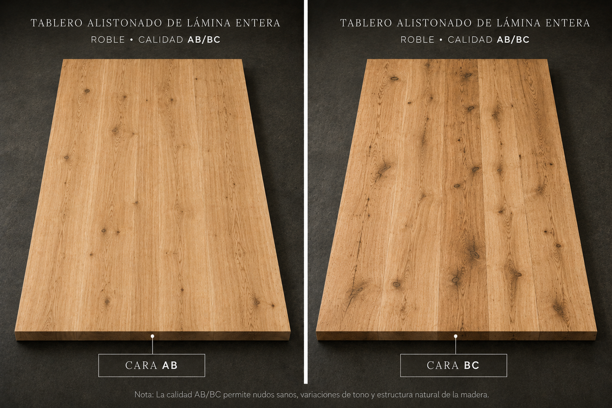 Tablero alistonado de roble europeo macizo de lámina entera, calidad AB/BC