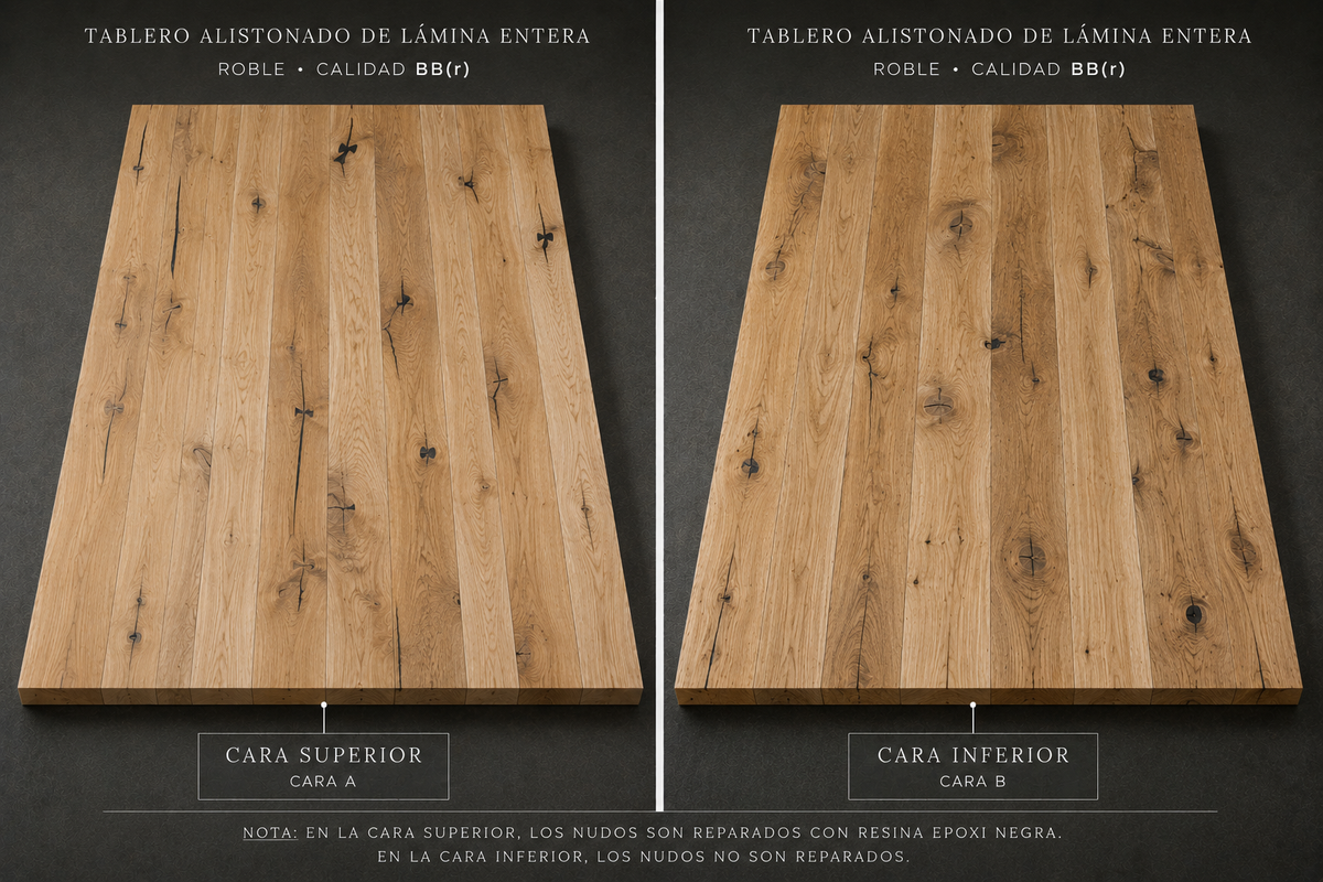 Tablero alistonado de roble europeo macizo de lámina entera, calidad BB(r)